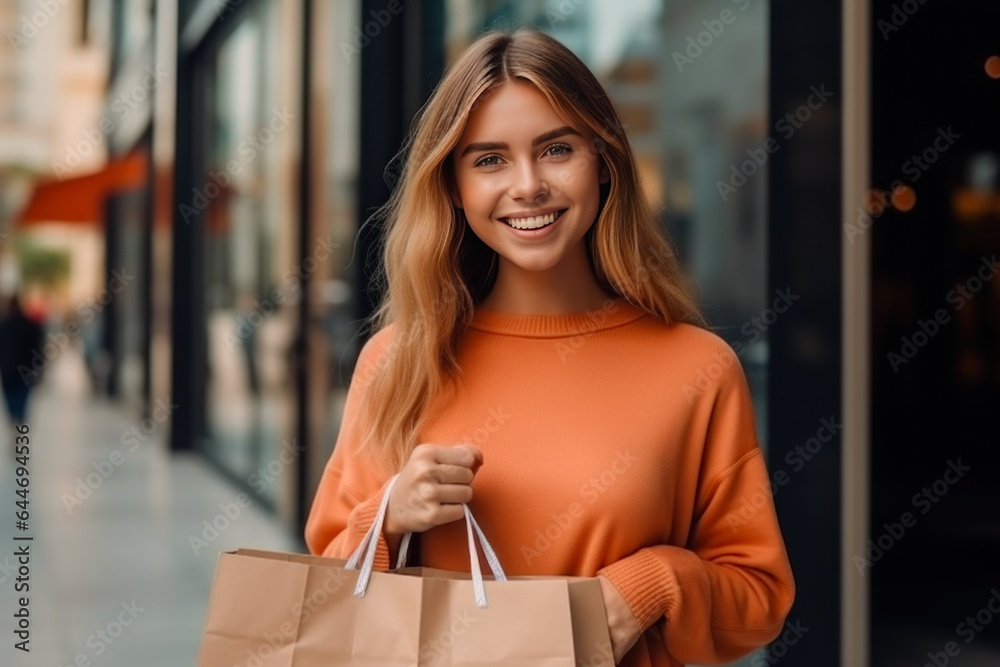 Portrait of smiling young woman with shopping bags in the city.