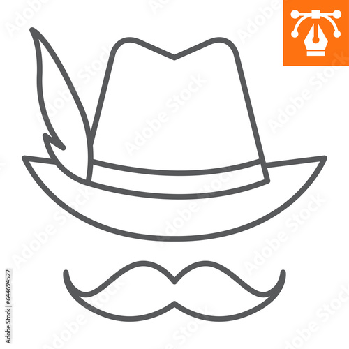 German hat with feather line icon, outline style icon for web site or mobile app, oktoberfest and clothing, hat and moustache vector icon, simple vector illustration, vector graphics.