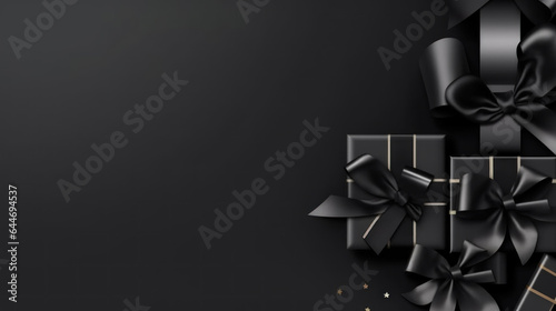 Black gift boxes with black bow on black background. Black friday sale banner with copy space. 