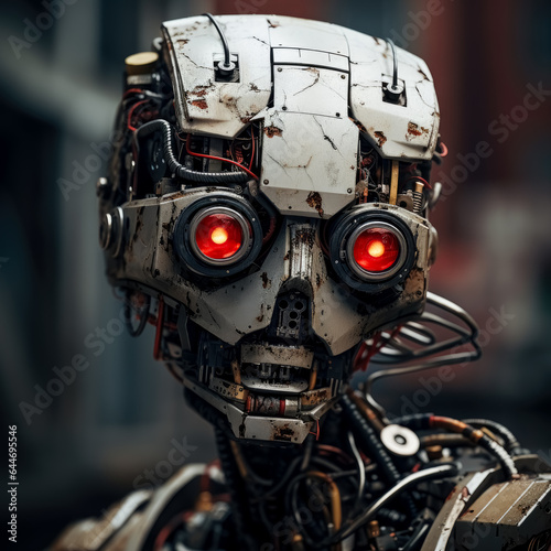 A robot with red eyes and a small disfigured body, steam punk video game concept art.  © Saulo Collado