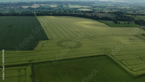 Crop Circle In Sunflower Pattern On Lush Green Field In Potterne, Wiltshire, UK. aerial pullback photo