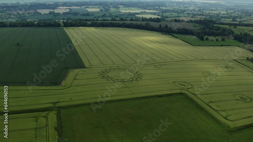 Fresh Verdant Fields With Flower Crop Circles Near Potterne Village In The County Of Wiltshire, England. Aerial Shot photo