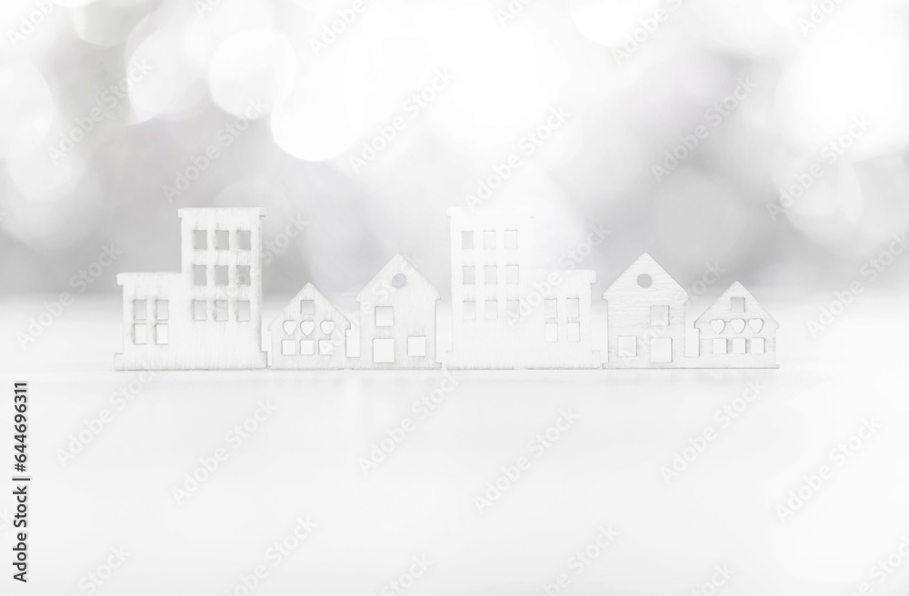Abstract blurred wooden house craft over bokeh background, home and property business 