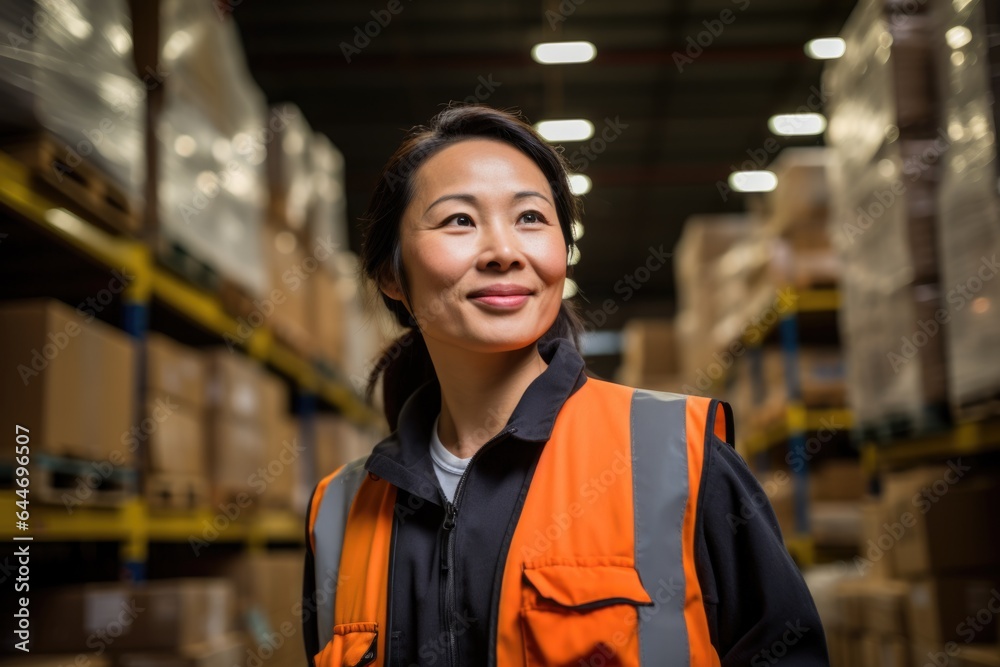 Smiling portrait of a happy female middle aged asian warehouse worker or manager working in a warehouse