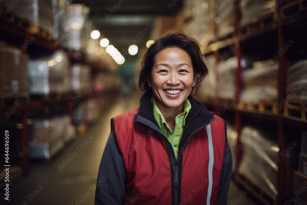 Smiling portrait of a happy female middle aged asian warehouse worker or manager working in a warehouse