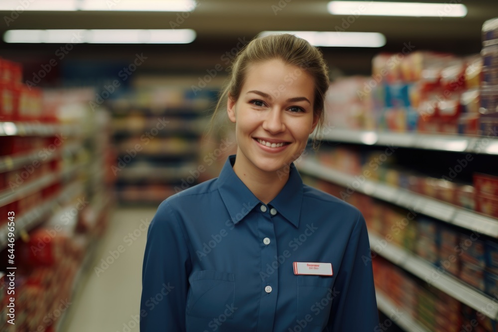 Young female caucasian supermarket manager or worker working in a supermarket or grocery store Young female caucasian supermarket manager or worker working in a supermarket or grocery store