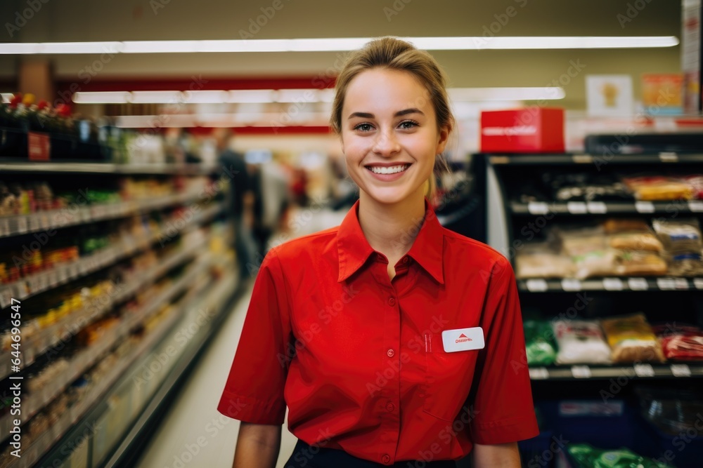 Young female caucasian supermarket manager or worker working in a supermarket or grocery store