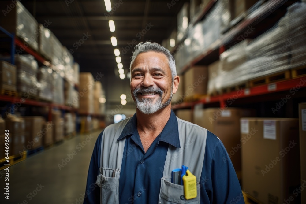 Smiling portrait of a hapyy middle aged warehouse worker or manager working in a warehouse Smiling portrait of a hapyy middle aged warehouse worker or manager working in a warehouse