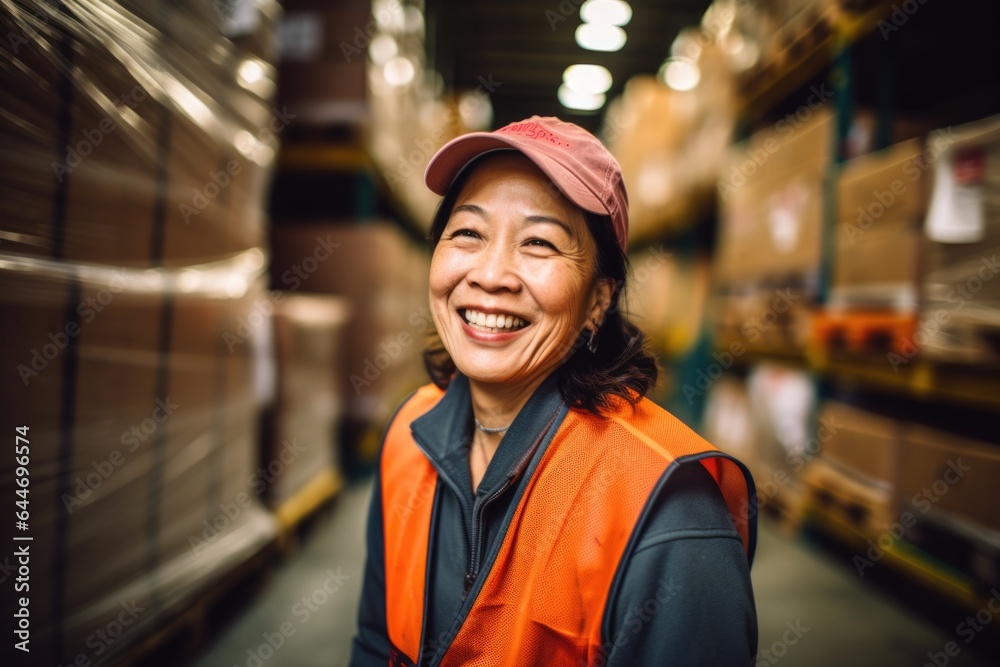 Smiling portrait of a happy female middle aged asian warehouse worker or manager working in a warehouse Smiling portrait of a happy female middle aged asian warehouse worker or manager working in a warehouse