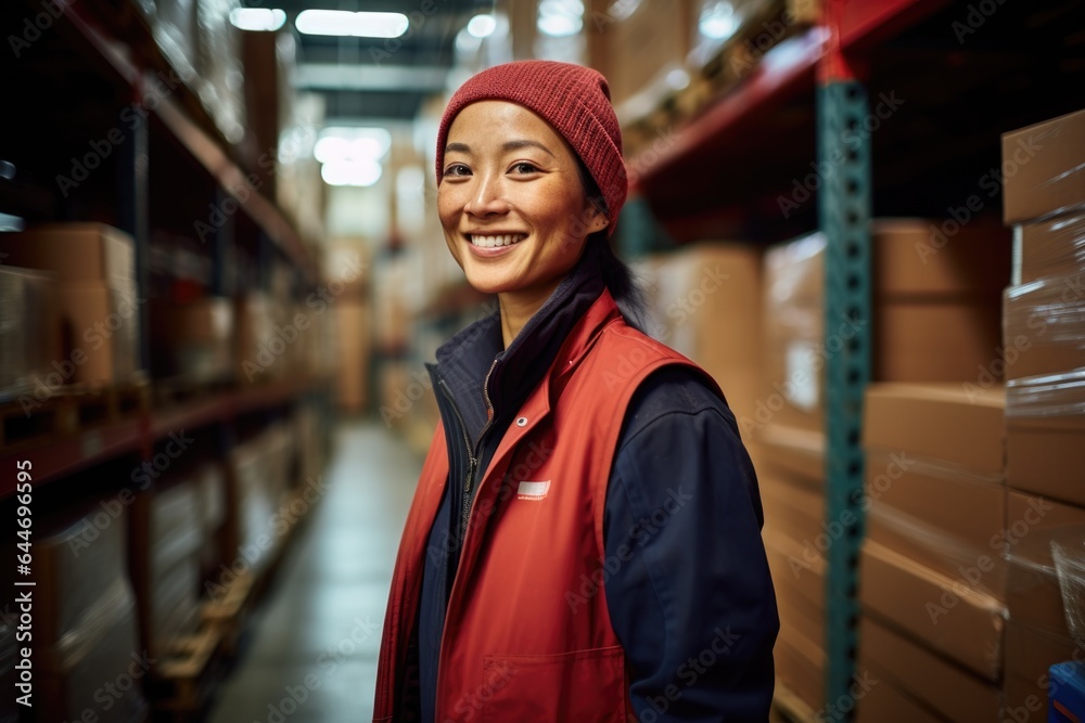 Smiling portrait of a happy female middle aged asian warehouse worker or manager working in a warehouse Smiling portrait of a happy female middle aged asian warehouse worker or manager working in a warehouse