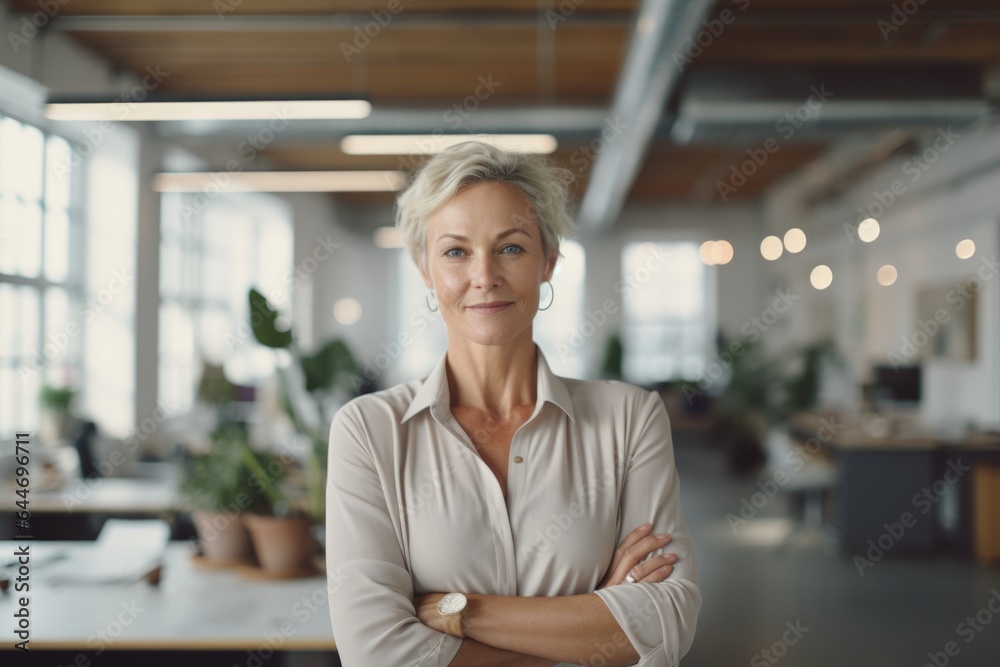 Smiling portrait of a happy middle aged caucasian woman working for a startup company in an office Smiling portrait of a happy middle aged caucasian woman working for a startup company in an office