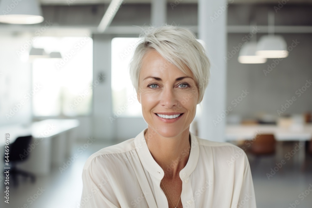 Smiling portrait of a happy middle aged caucasian woman working for a startup company in an office Smiling portrait of a happy middle aged caucasian woman working for a startup company in an office