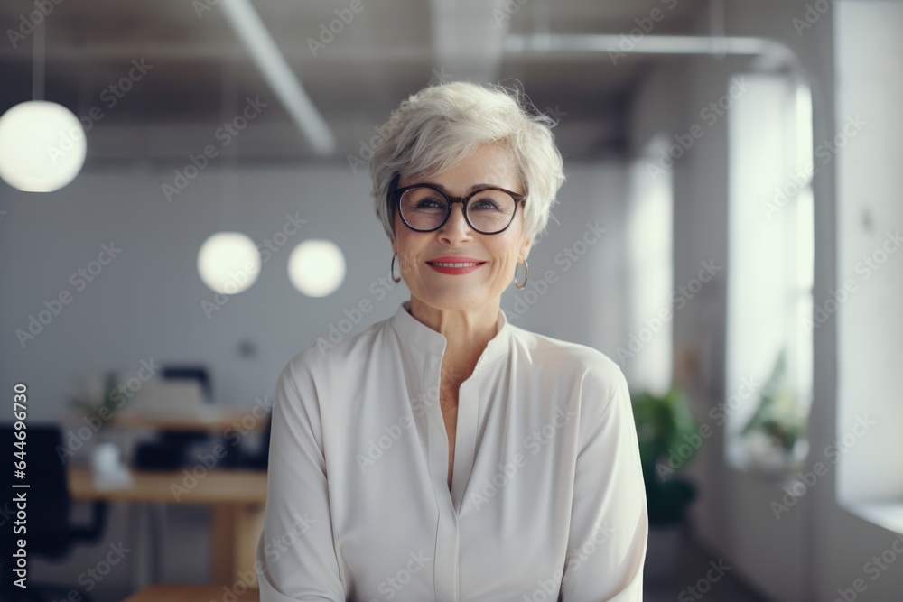 Smiling portrait of a happy middle aged caucasian woman working for a startup company in an office Smiling portrait of a happy middle aged caucasian woman working for a startup company in an office