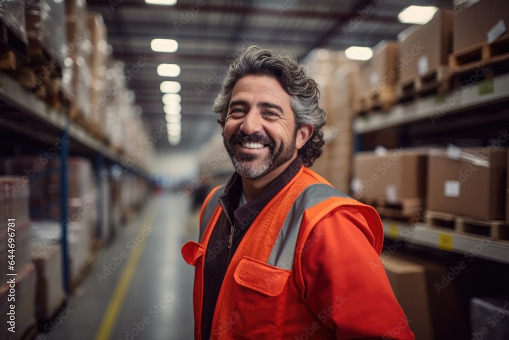 Smiling portrait of a hapyy middle aged warehouse worker or manager working in a warehouse Smiling portrait of a hapyy middle aged warehouse worker or manager working in a warehouse