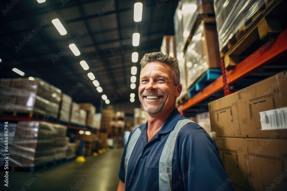 Smiling portrait of a hapyy middle aged warehouse worker or manager working in a warehouse Smiling portrait of a hapyy middle aged warehouse worker or manager working in a warehouse