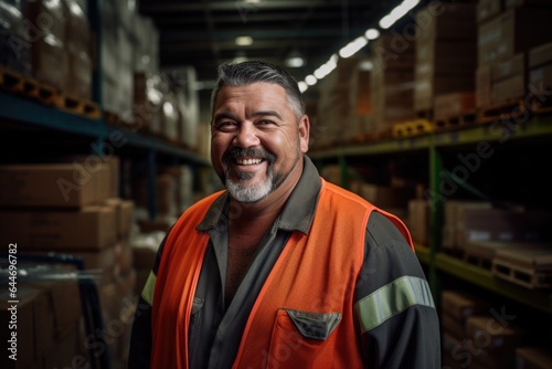 Smiling portrait of a hapyy middle aged warehouse worker or manager working in a warehouse