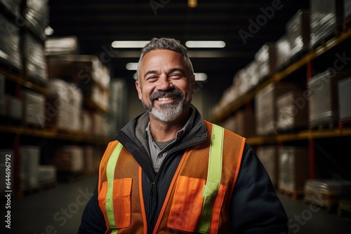 Smiling portrait of a hapyy middle aged warehouse worker or manager working in a warehouse photo