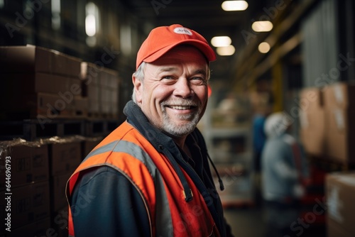 Smiling portrait of a hapyy middle aged warehouse worker or manager working in a warehouse