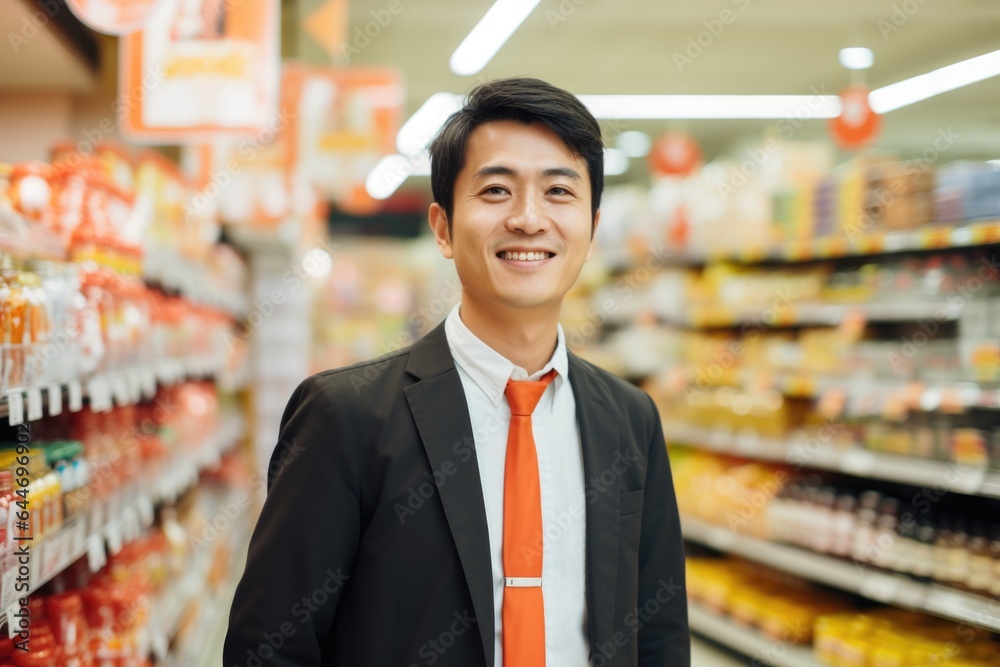 Young male asian supermarket manager or worker working in a supermarket or grocery store