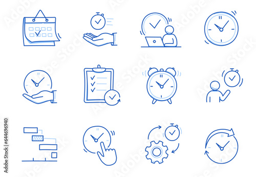 Time, calendar doodle line icon set. Hand drawn doodle sketch line style business time management, project deadline concept. Alarm clock, calendar, stopwatch cute elements. Vector illustration