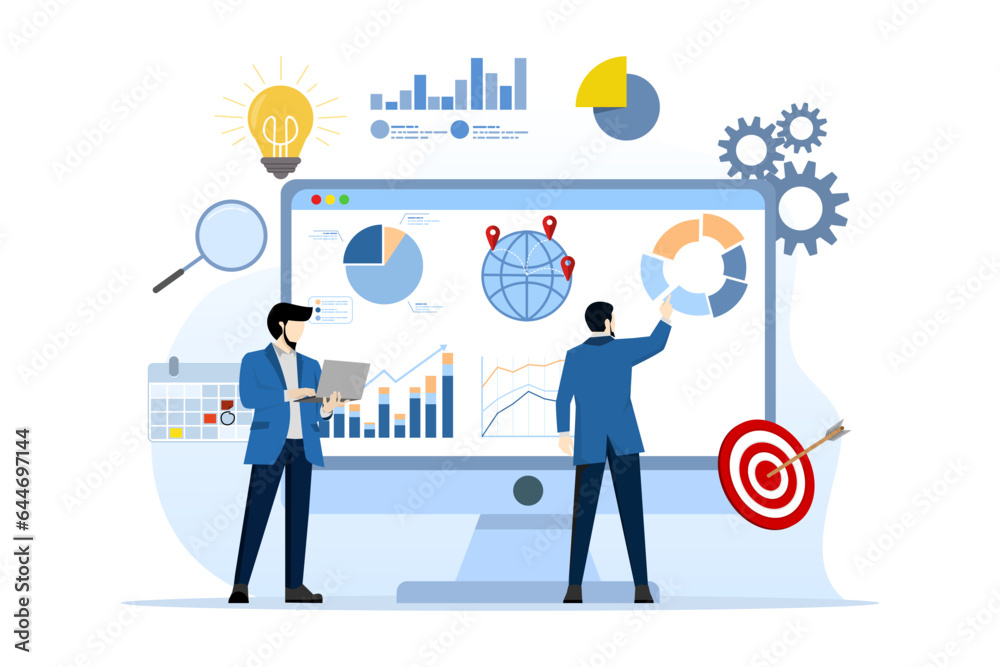 data analysis concept, research or analysis graphs and chart diagrams, statistical reports, datum or financial analysis, marketing for sites, optimization, businessman analyzing data on monitor screen