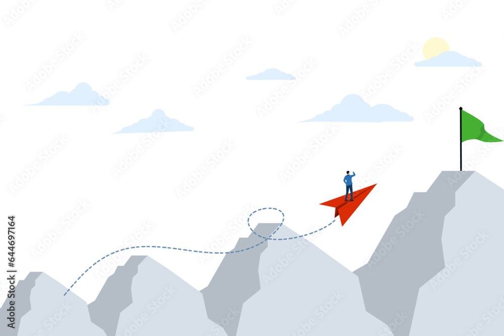 Naklejka premium different leadership concepts. A businessman travels on a red paper plane towards a green flag. Leadership in business to achieve success. flat business vector illustration on white background.