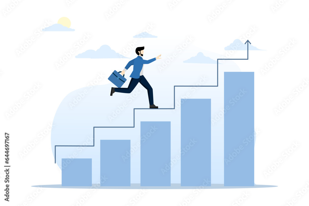 concept of progress or increasing success, steps forward to develop a business, journey to achieve a goal, career path, businessman's climbing growth graph and graph with stairs to success.