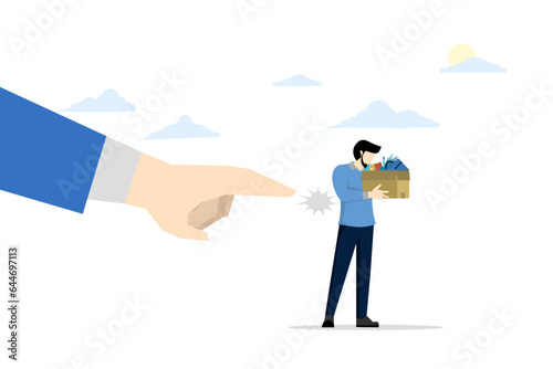 concept of fired employee, laid off or laid off worker, bad behavior or poor performance of staff, job problem, unemployment or underemployment, boss is blamed for fire, employee is blamed for layoff.