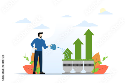 business growth concept, growth or increase income income, personal development, growth mindset or investment profit, prosperity, businessman watering seedling plants with growing green growth arrows.
