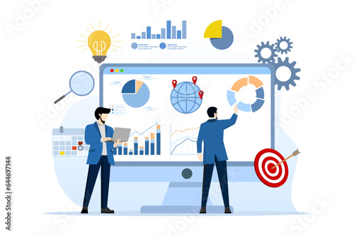 data analysis concept, research or analysis graphs and chart diagrams, statistical reports, datum or financial analysis, marketing for sites, optimization, businessman analyzing data on monitor screen © FAHMI