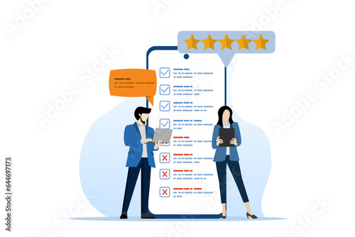 The concept of online surveys, people fill out online survey forms via telephone. People Give Feedback, Choose Answers, Make Decisions and Research. Checklist. Feedback service. People Give Feedback.