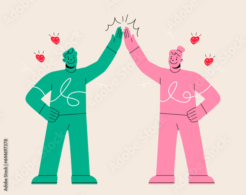 Young positive people doing high five together, young generation celebrating social event holiday. Colorful vector illustration