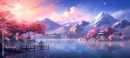 wallpaper of an oriental setting with mountains, in the style of anime art, sparkling water reflections, Colorful Painting of clouds and water, spiritual landscape, zen-inspired.