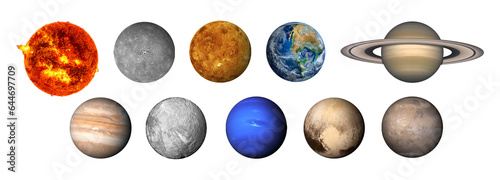 The solar system consists of the Sun, Mercury, Venus, Earth, Mars, Jupiter, Saturn, Uranut, Neptune, Pluto.Elements of this image furnished by NASA