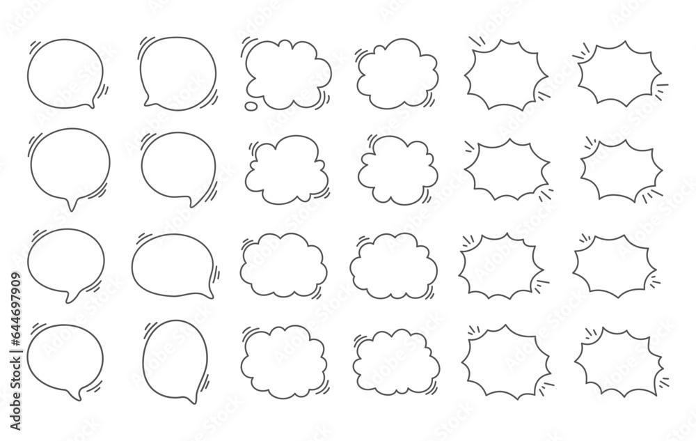 Fototapeta premium Hand drawn text box. Cute cartoon style talking dialogue.