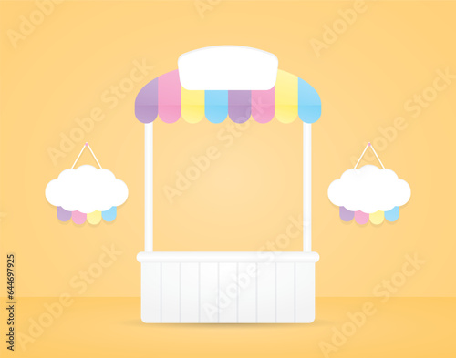 cute kawaii white kiosk with colorful pastel awning and cloud hanging sign 3d illustration vector