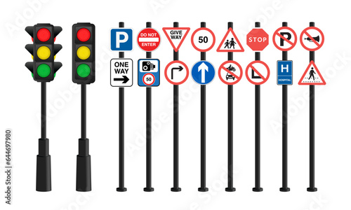 Set of road signs and traffic light vector. Road signs and traffic lights. A flashing traffic light Signs of danger, mandatory, obligations and alerts. Vector.