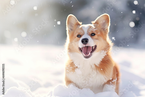 Happy dog sitting in a snow at winter