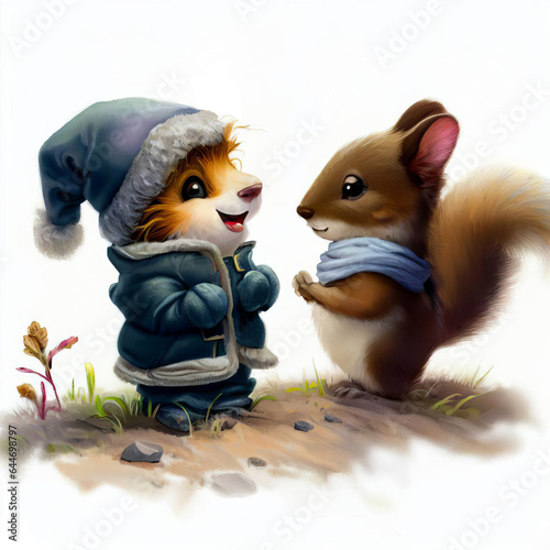 Watercolor illustration of 2 cute animals having a conversation in the snow for children's book, greeting cards	 photo