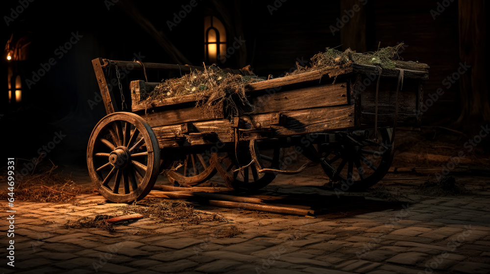 Old wooden wagon is on the dirt. Medieval fantasy game wagon cart concept. 