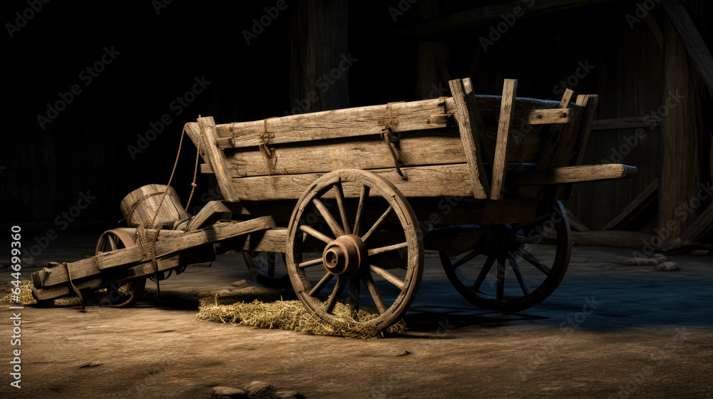Old wooden wagon is on the dirt. Medieval fantasy game wagon cart concept. 