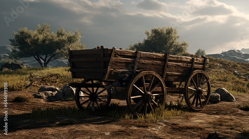 Old wooden wagon is on the dirt. Medieval fantasy game wagon cart concept. 