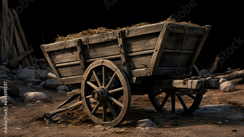 Old wooden wagon is on the dirt. Medieval fantasy game wagon cart concept. 