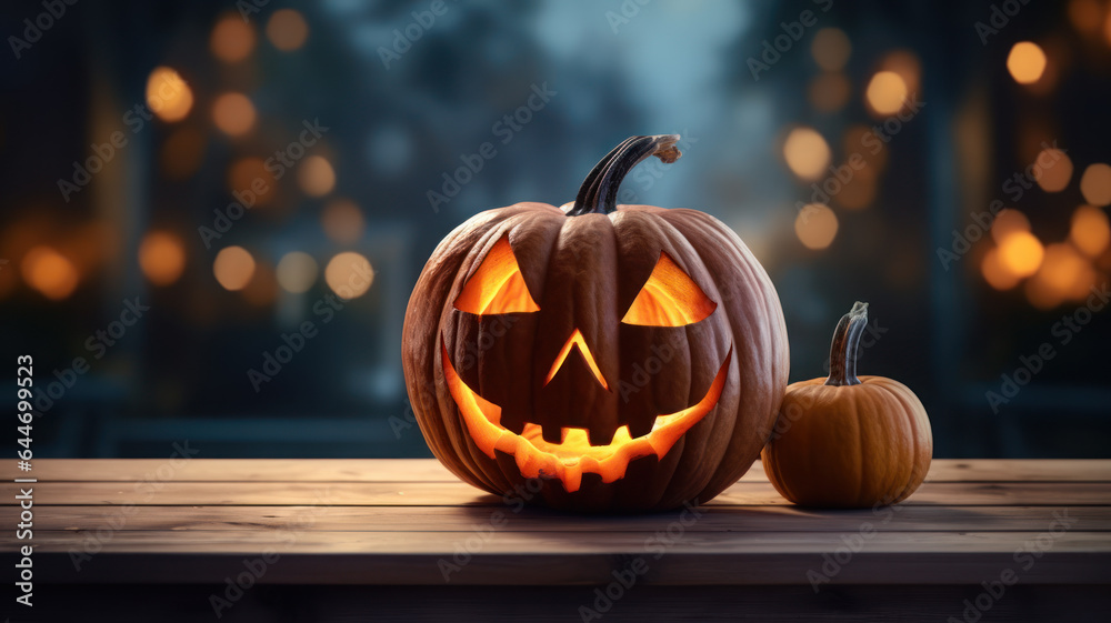 Fototapeta premium Halloween Pumpkin with Glowing Eyes, Forest Sunset Halloween Scene