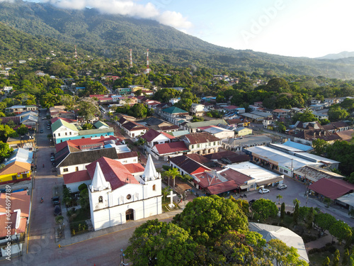 Aerial view over city of Trujillo in Honduras, the place where Cristopher Columbus touched continental land for the first time in history