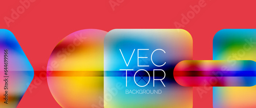 Dynamic bright colorful geometric elements with fluid gradients, lights, shadows blend in a minimal backdrop, creating captivating composition