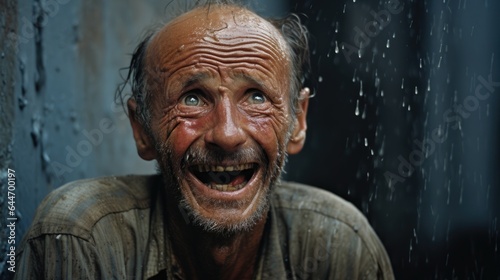 Creative portrait of an elderly smiling man who enjoys the rain