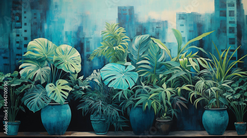 painting of ornamental plants in pots at home