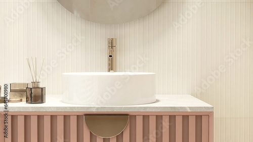 Reed stick diffuser, white round washbasin on marble vanity countertop, pink corrugated counter, round mirror in cream wainscot wall bathroom for product background 3D