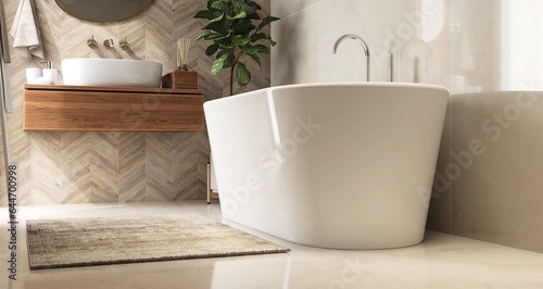 White marble floor and wall bathroom with freestanding bathtub, wooden vanity counter table, washbasin bowl, towel rack for interior design decoration, beauty, fashion product background 3D